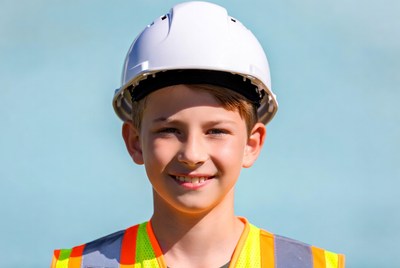 Boy wearing hard hat and vest