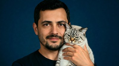 Man holding white tabby cat