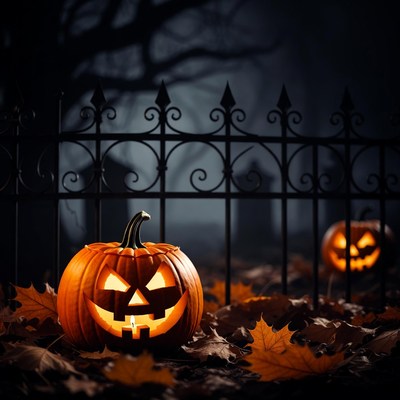 Jack-o'-lanterns by haunted fence