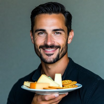 Man holding cheese and crackers plate