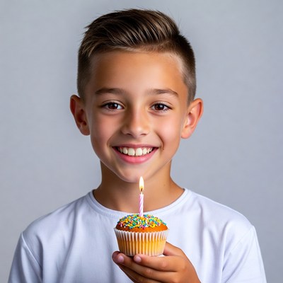 Boy holding birthday cupcake