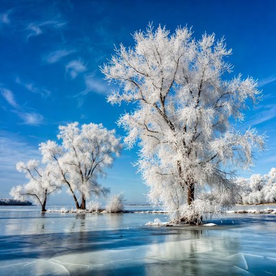 Frost-covered trees on icy lake