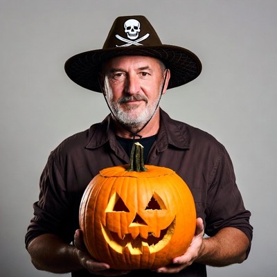 Man holding carved pumpkin pirate hat
