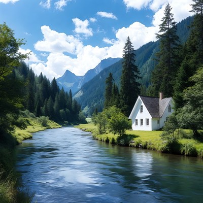 White house by mountain river