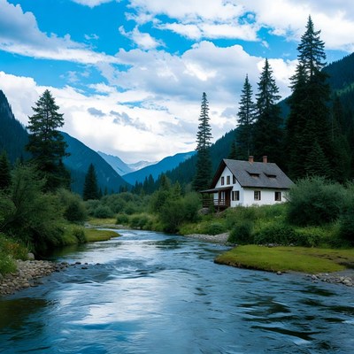 White Chalet by Mountain River