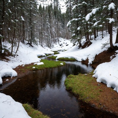 Snowy Forest with Winding Stream