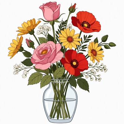 Colorful Flowers in Glass Vase Illustration