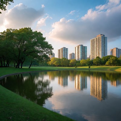 City Skyline Reflected in Park Lake