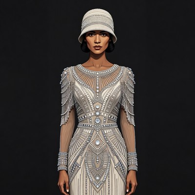 Asian woman in beaded 1920s flapper dress