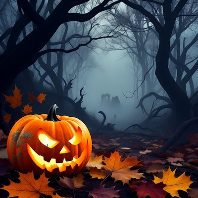 Jack-o'-lantern in foggy Halloween forest