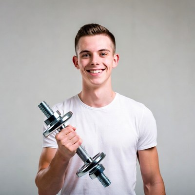 Young man holding dumbbell smiling