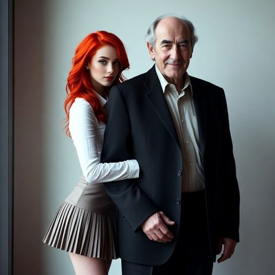 Redhead woman embracing elderly man