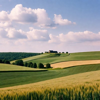 House on rolling green hills