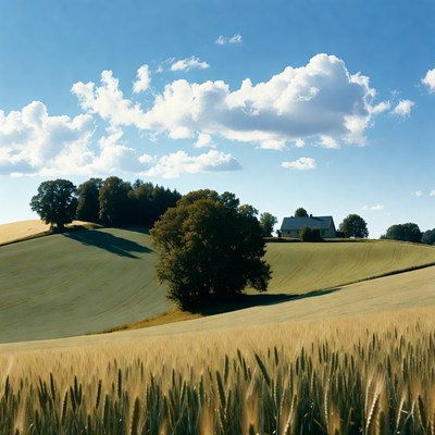 Golden Wheat Fields with House and Trees