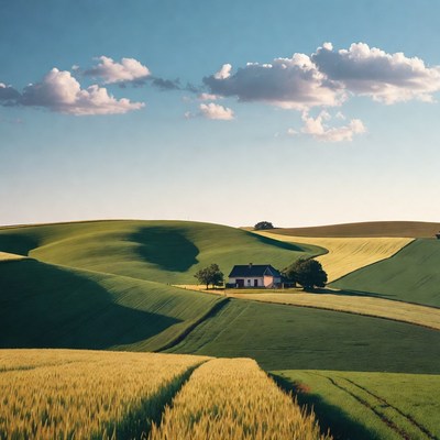Pink house on rolling green fields