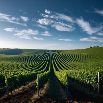 Vineyard Rows Under Blue Sky