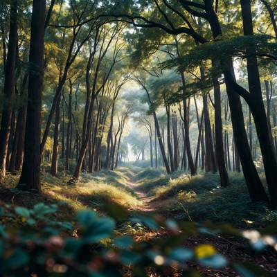 Sunlit Forest Path Through Trees