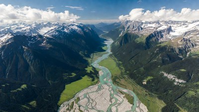 Aerial View Glacial River Mountains