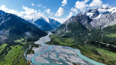 Aerial View of Glacial River in Mountains