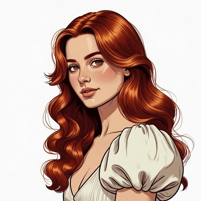 Redhead woman in white off-shoulder dress