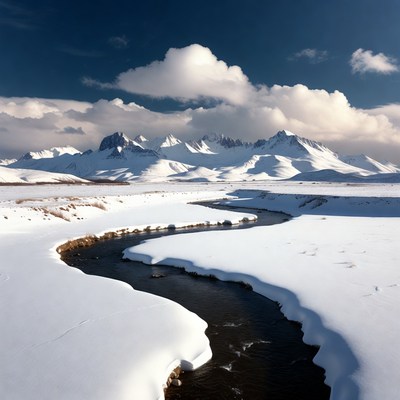 Snowy River Winding Through Mountains