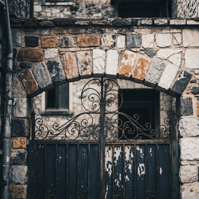 Ornate Iron Gate in Stone Archway
