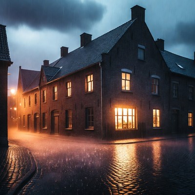 Rainy Night Street with Lit Brick Houses