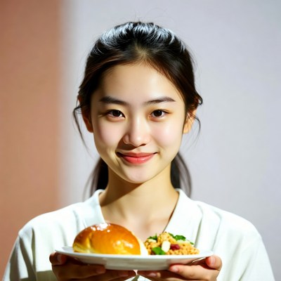 Asian woman holding bun and vegetables