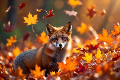 Red fox in autumn leaves