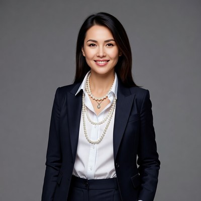 Asian woman in navy suit with pearls