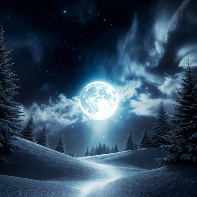 Full Moon Over Snowy Pine Forest