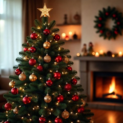 Festive Christmas Tree by Fireplace