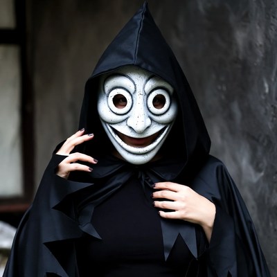 Woman in creepy smiling mask costume