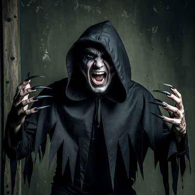 Menacing hooded man with claws