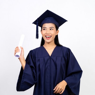 Asian woman in graduation gown holding diploma