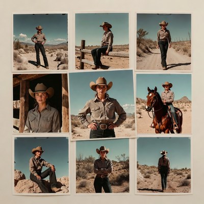 Cowgirl in cowboy hat desert poses