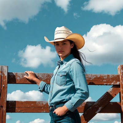 Latina woman in cowboy hat by fence