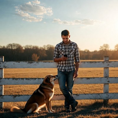 Man with dog by fence at sunset