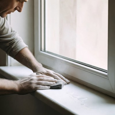 Man cleaning window sill
