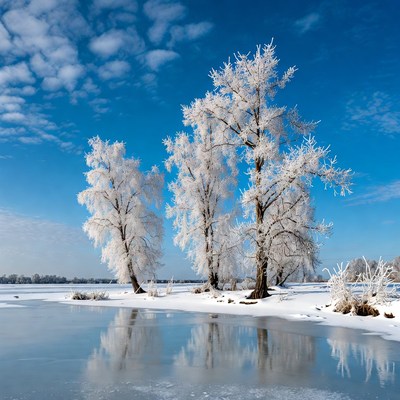 Frost-covered trees reflecting on frozen lake