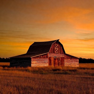 Red Barn in Golden Sunset Field