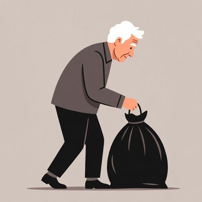 Elderly man picking up trash bag