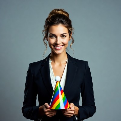 Woman holding rainbow party hat