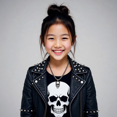 Asian girl in studded skull leather jacket