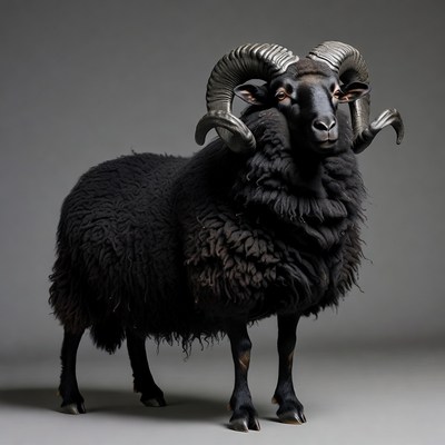 Black ram with large curved horns