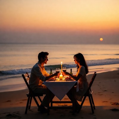Couple dining at sunset beach