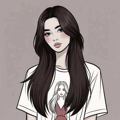 Asian woman in white t-shirt with illustration