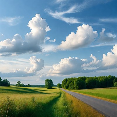 Country road through green fields