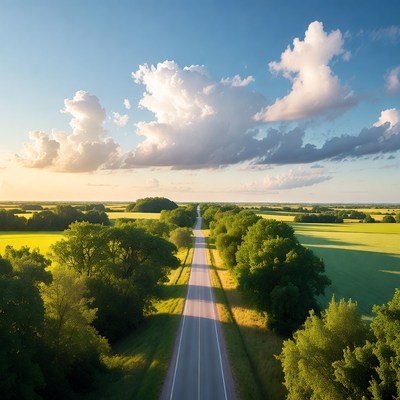 Aerial view of straight road through green fields