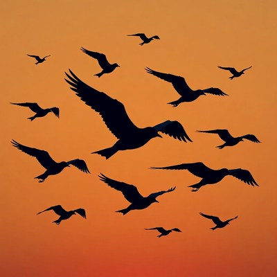 Flock of black birds flying over orange sunset